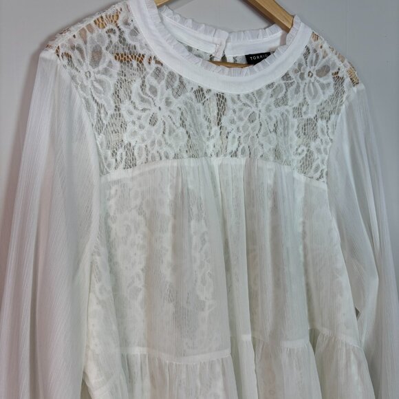 Torrid Abby Lace Blouse 3X White Chiffon Sheer Long Sleeve Tiered Ruffle Top - Picture 3 of 9